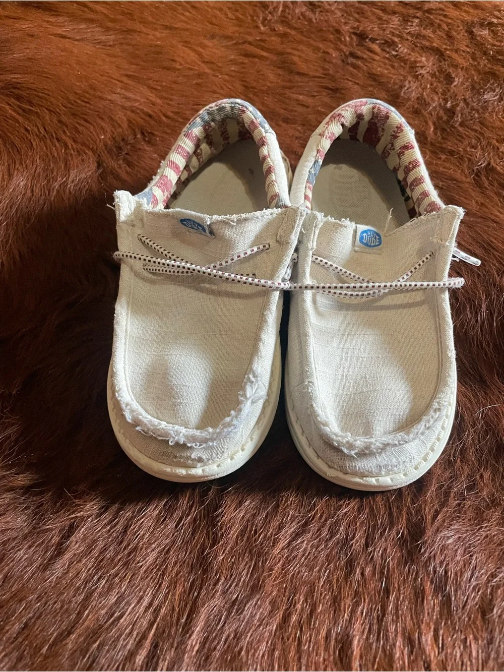 Hey Dude Kids Canvas Slip-On Shoes in Off-White, Red & Blue